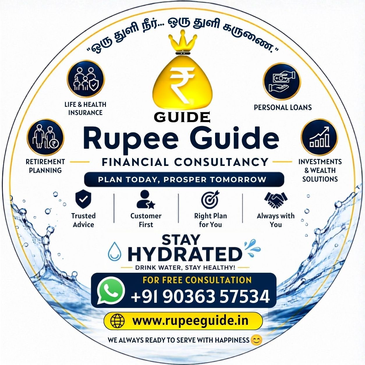 Rupee Guide financial consultancy overview showing various services and a reminder to stay hydrated. Consult the best financial consultant bangalore today.
